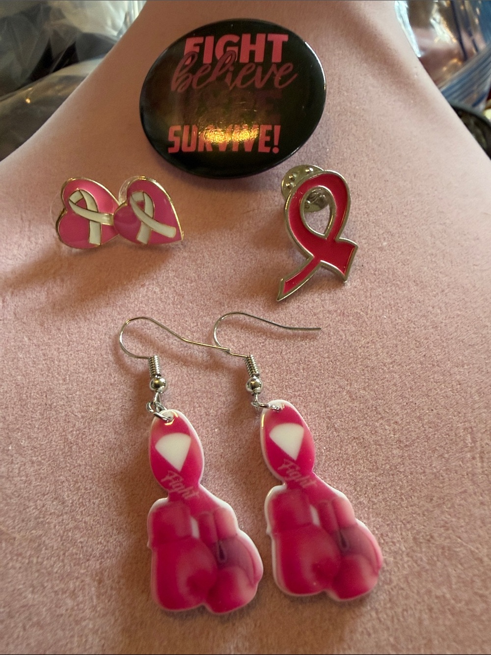 Breast Cancer Awareness Pink Ribbon Jewelry Set, (J0295)
